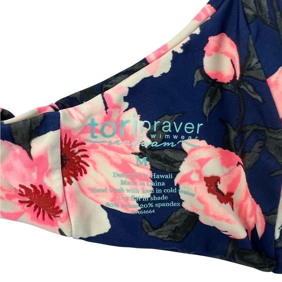 Tori Praver Seafoam Navy Blue Floral Swim Bikini Top Smocked Front Size Medium - Picture 3 of 3